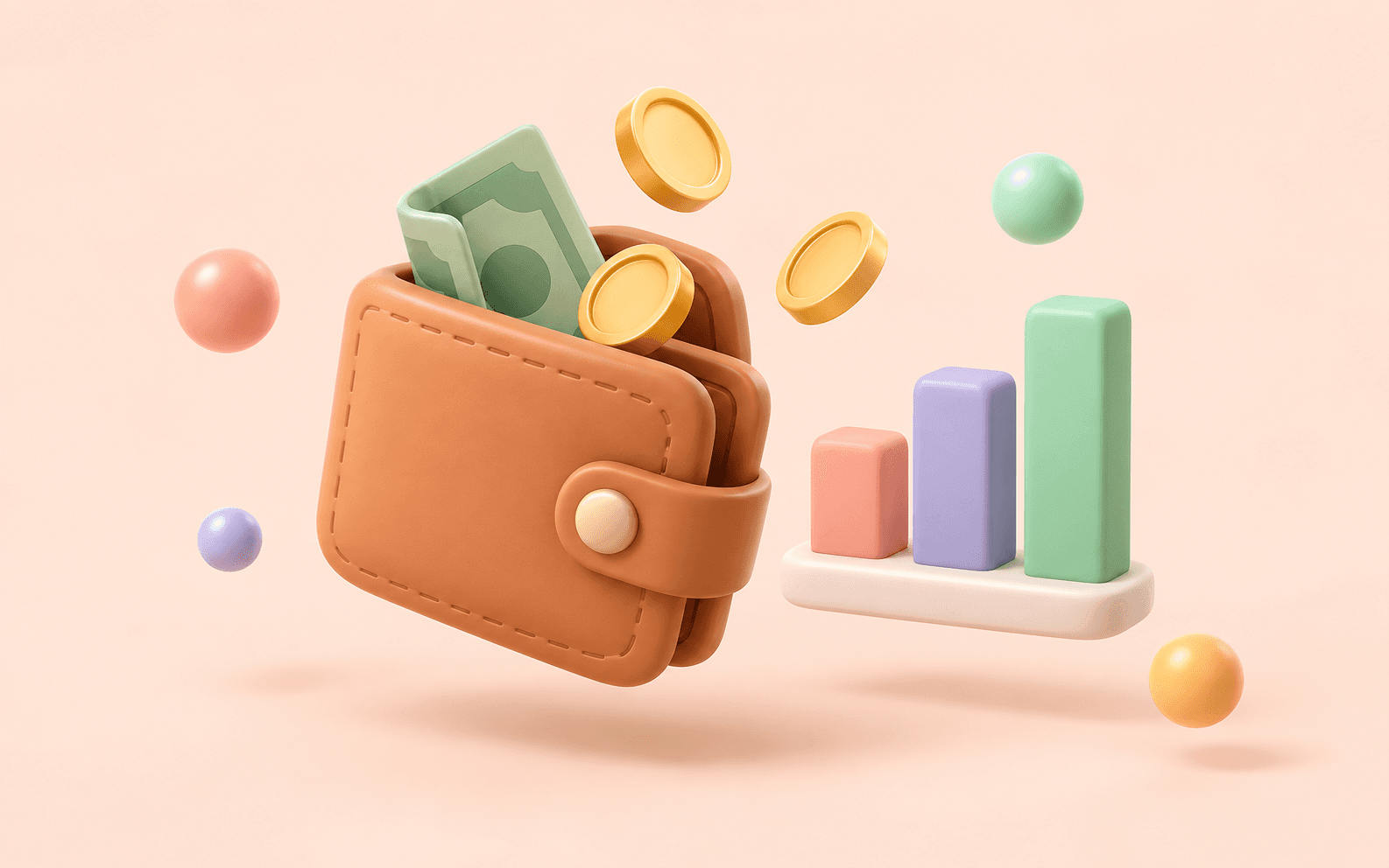 Un porte-monnaie ouvert d'où s'échappent un billet et des pièces, à côté d'un petit graphique en barres, en rendu 3D sur fond abricot.