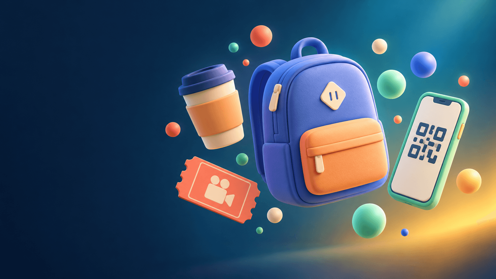 Un sac à dos, un gobelet de café, un ticket de cinéma et un téléphone affichant un QR code, en rendu 3D sur fond bleu nuit.