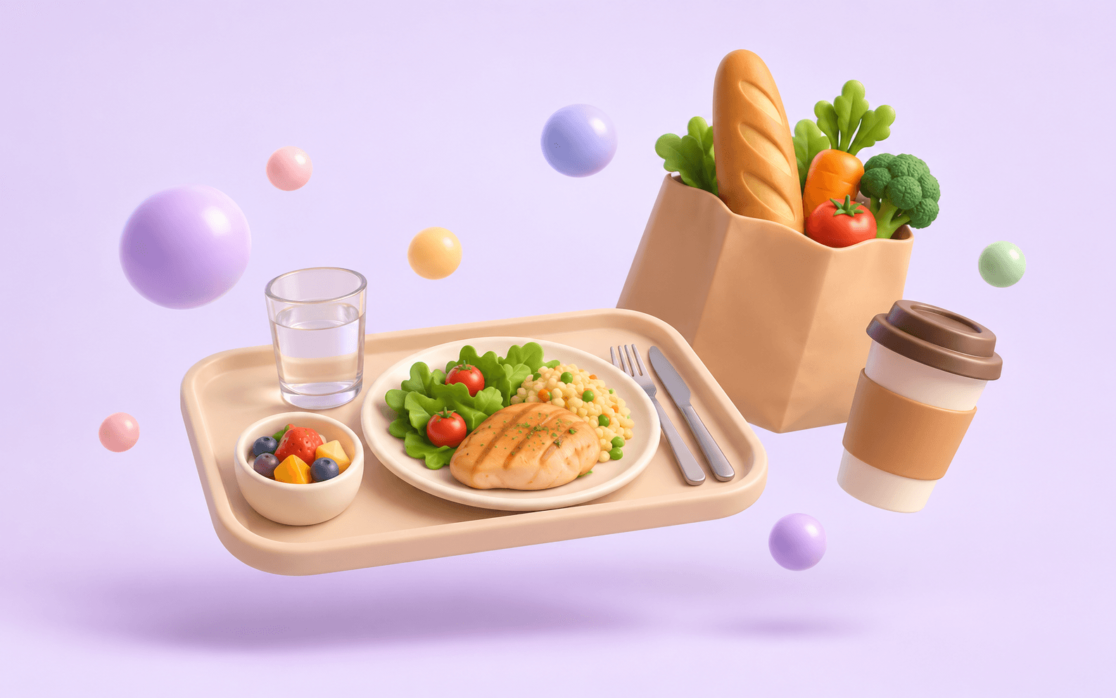 Un plateau de restaurant universitaire, un sac de courses avec une baguette et des légumes, et un gobelet à emporter, en rendu 3D sur fond lilas.