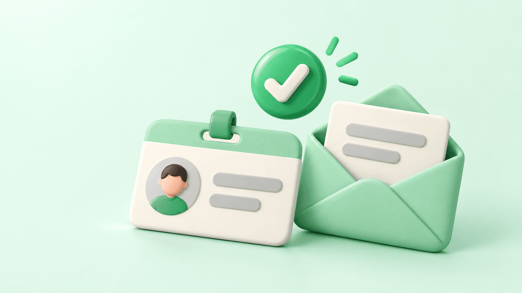 Une carte étudiante et une enveloppe portant une pastille de validation, en rendu 3D sur fond vert menthe.