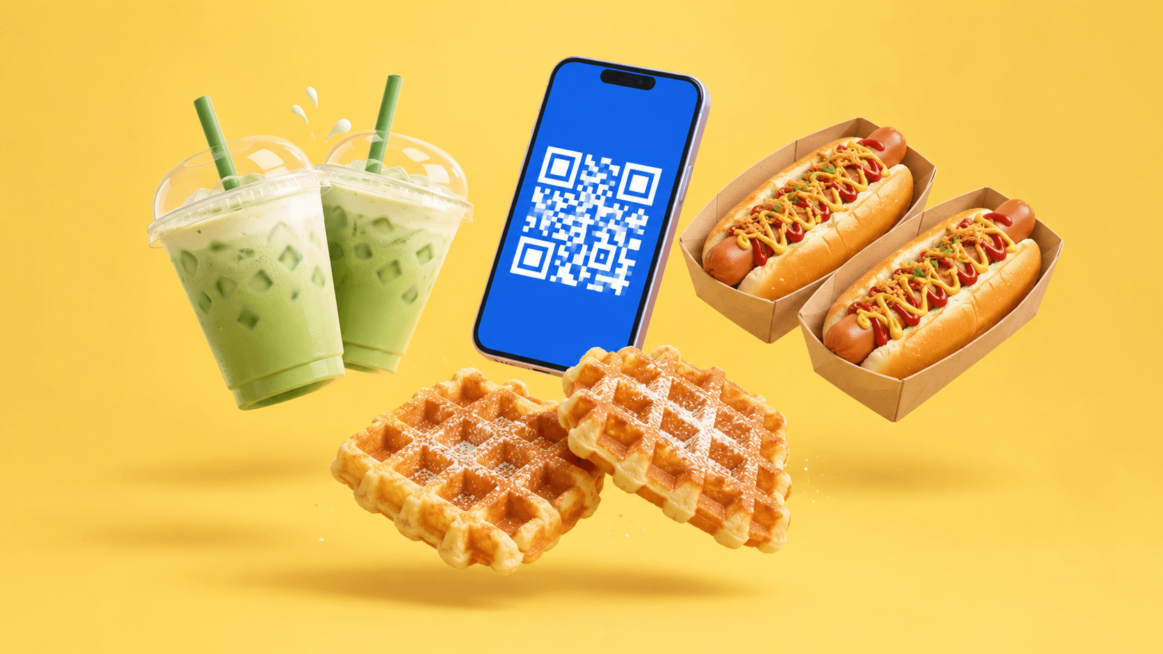 Deux gobelets de matcha latte qui trinquent, deux hot dogs et deux gaufres autour d'un téléphone affichant un QR code, en rendu 3D sur fond jaune soleil.
