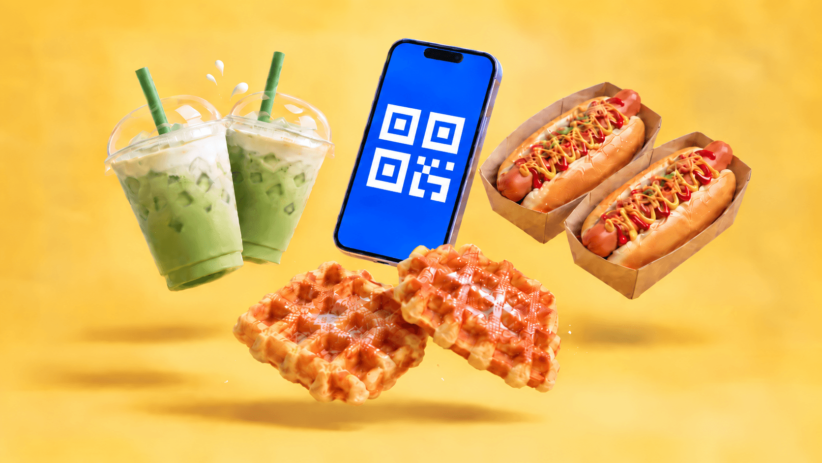 Deux gobelets de matcha latte qui trinquent, deux hot dogs et deux gaufres autour d'un téléphone affichant un QR code, en rendu 3D sur fond jaune soleil.