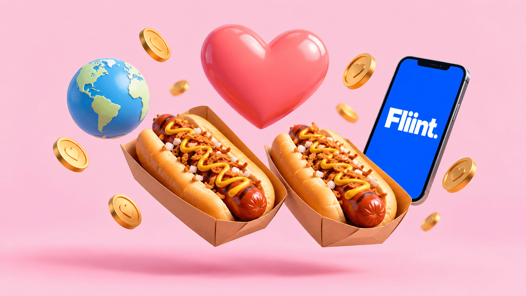 Deux hot dogs new-yorkais dans leurs barquettes kraft, un cœur rose, un globe terrestre et des pièces dorées autour d'un téléphone affichant le logo Fliint, en rendu 3D sur fond rose.