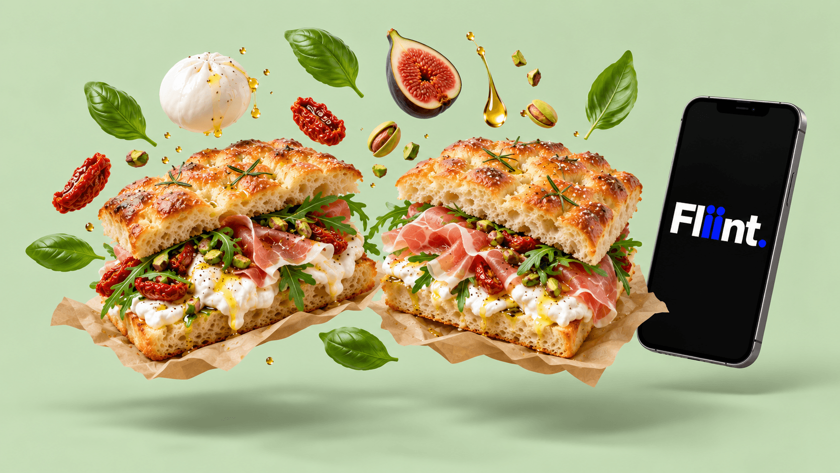 Deux focaccias italiennes garnies de stracciatella, de jambon cru et de roquette, avec du basilic, une figue et un téléphone affichant un QR code, en rendu 3D sur fond vert sauge.