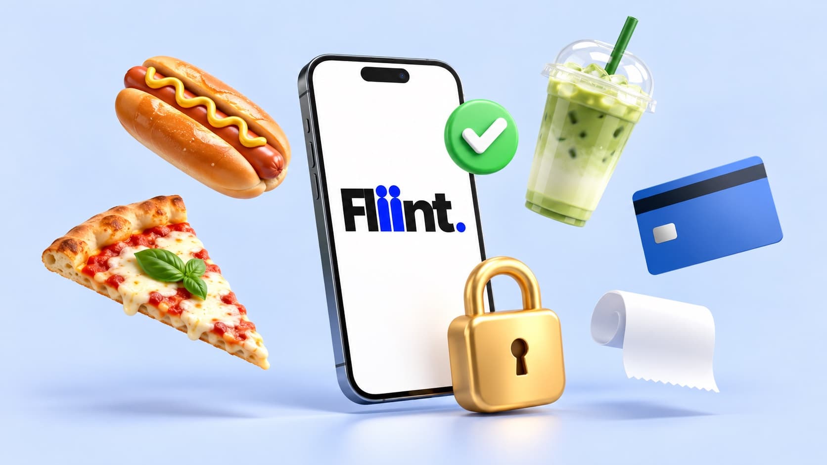 Un téléphone affichant le logo Fliint, entouré d'un cadenas doré, d'une coche verte, d'un hot dog, d'une part de pizza, d'un matcha latte, d'une carte bancaire et d'un ticket de caisse, en rendu 3D sur fond bleu pâle.