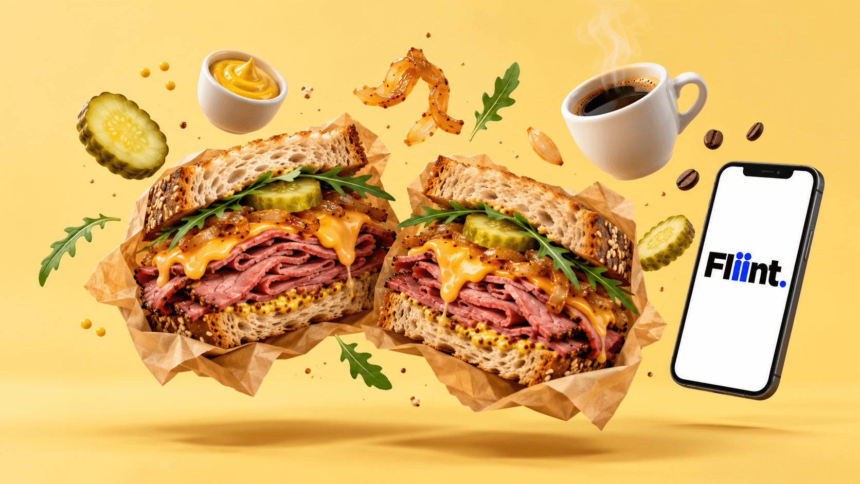 Deux sandwiches new-yorkais garnis de pastrami, de cheddar fondu et de pickles, avec une tasse de café et un téléphone affichant un QR code, en rendu 3D sur fond jaune moutarde.