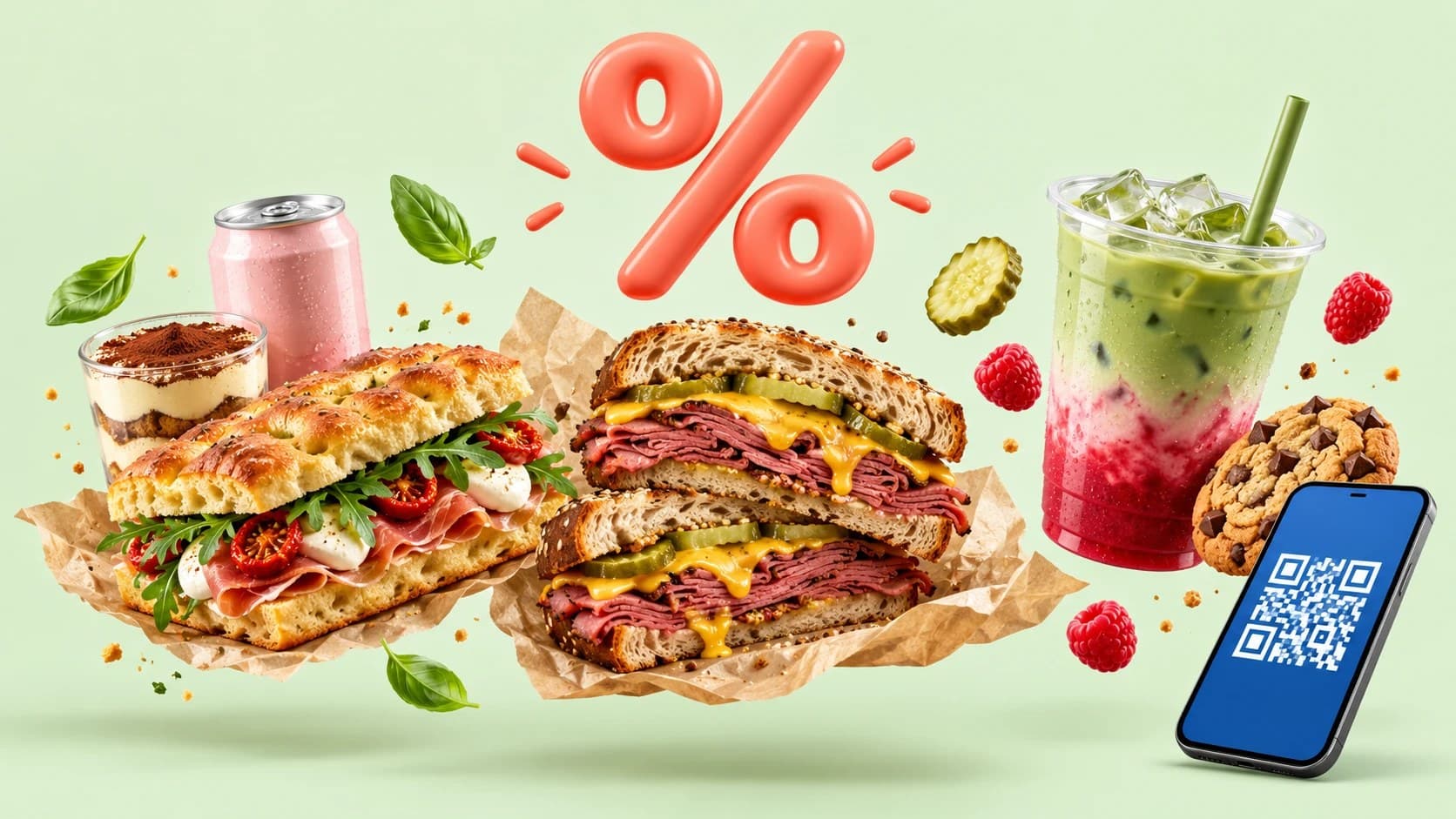 Une focaccia garnie avec un tiramisu et un soda, un sandwich new-yorkais au pastrami et un Ice Matcha Framboise avec un cookie, sous un symbole pourcentage corail, avec un téléphone affichant un QR code, en rendu 3D sur fond vert matcha.