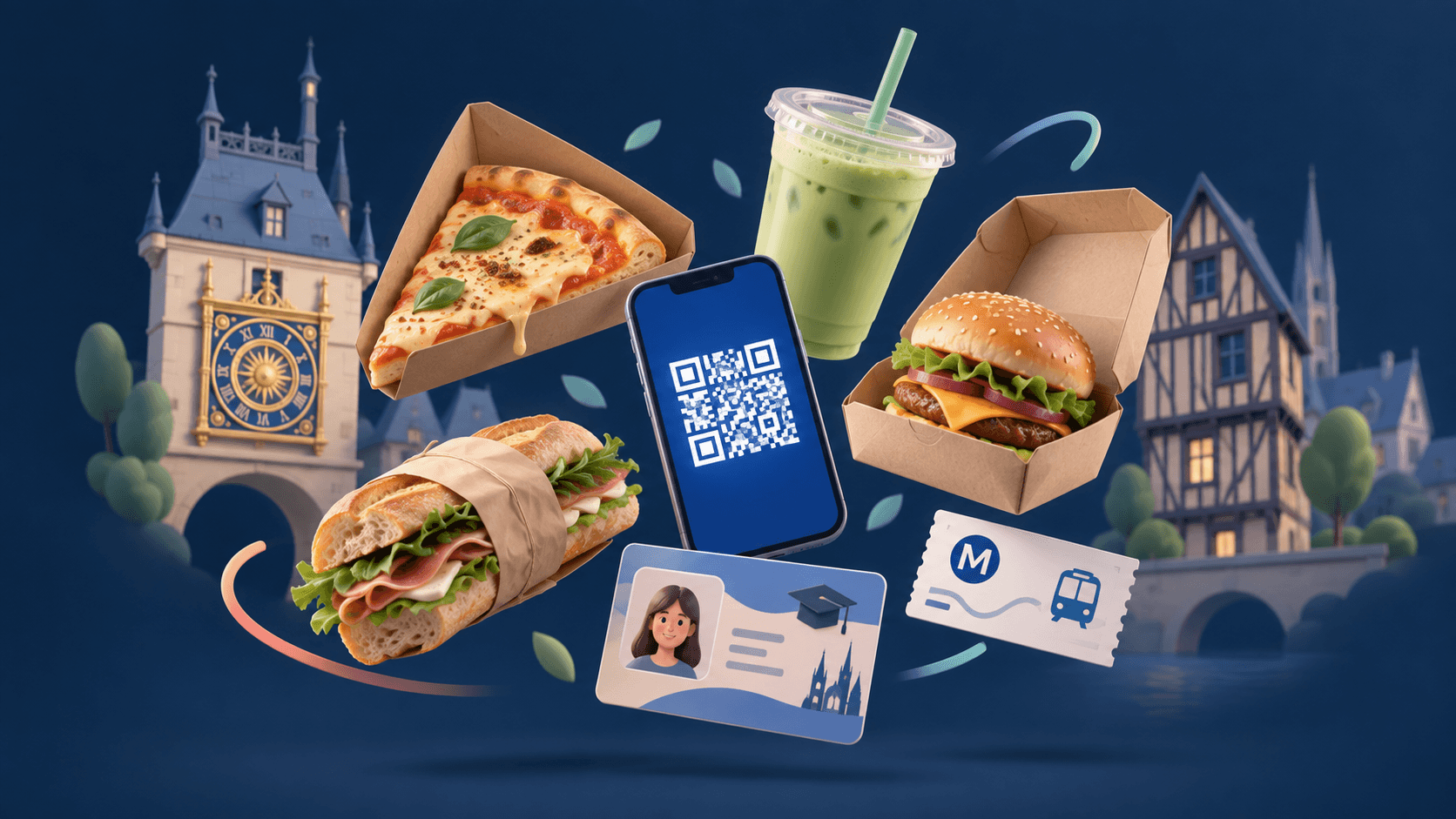 Une part de pizza, un burger, un matcha latte et un téléphone affichant un QR code, en rendu 3D devant la silhouette du Gros-Horloge de Rouen, sur fond bleu nuit.